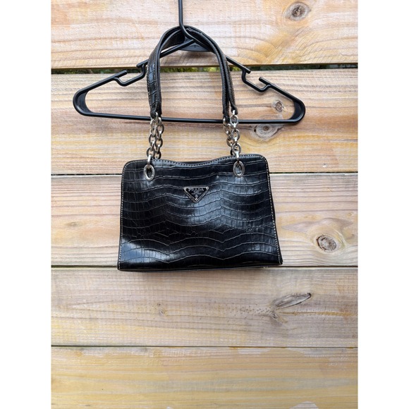 Prada Handbags - Black Croc Embossed Leather Shoulder Bag Chain Strap Triangle Logo